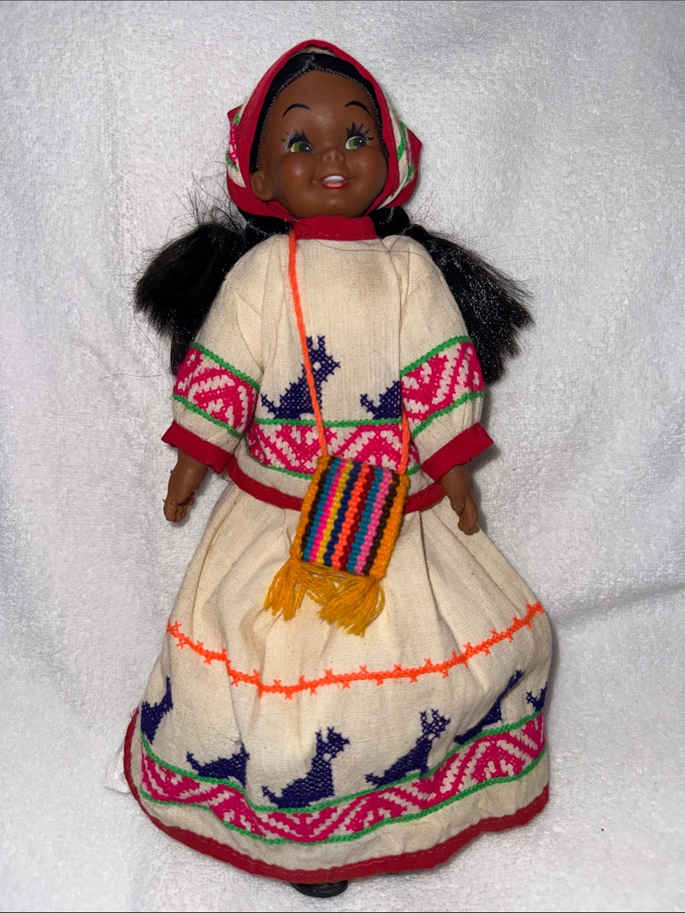 Vintage South American Doll 12” Embroidered Aztec Dress w/Purse